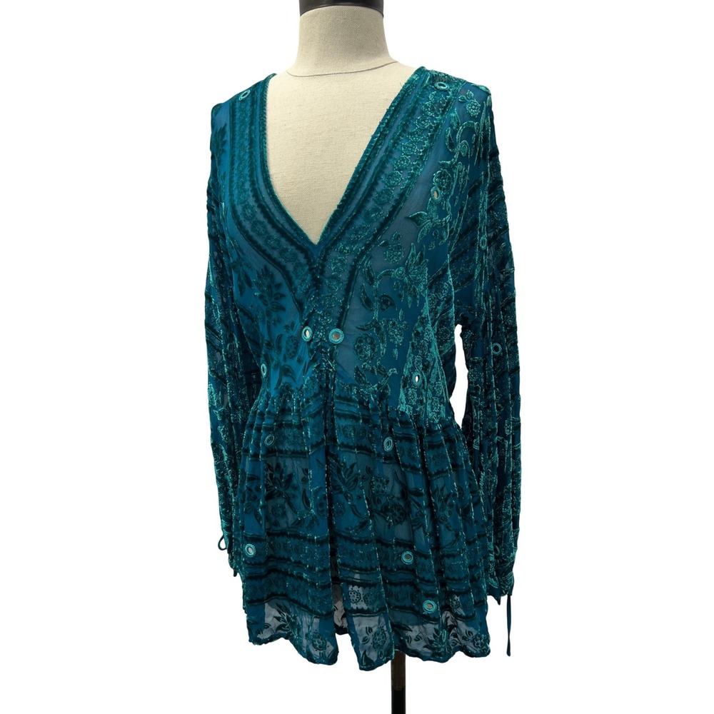 For Love & Lemons Velvet Burnout Tunic Women S Teal Excellent Mirror Embroidered